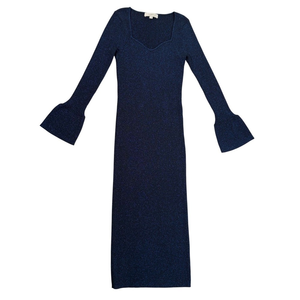 LOFT Size Small Blue Metallic Ribbed Sweetheart Bell‎ Sleeve Maxi Dress Festive